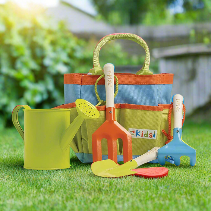 Children's Gardening Outdoor Tool Kit Set With Rake, Fork, Spade, Watering Can & Bag