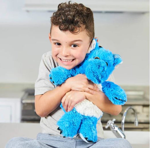 Little Boy holding his blue dragon whilst smiling at the camera 